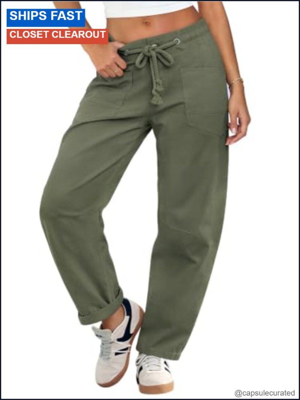 Women's Low Rise Drawstring Barrel Pants Wide Leg Cropped Casual